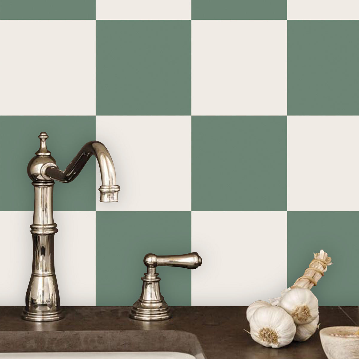 Dark Lime Green & Cream Checkered Tile Stickers | Peel and Stick Kitchen Backsplash Floor, Bathroom, Wall Tile vinyl | Free Shipping