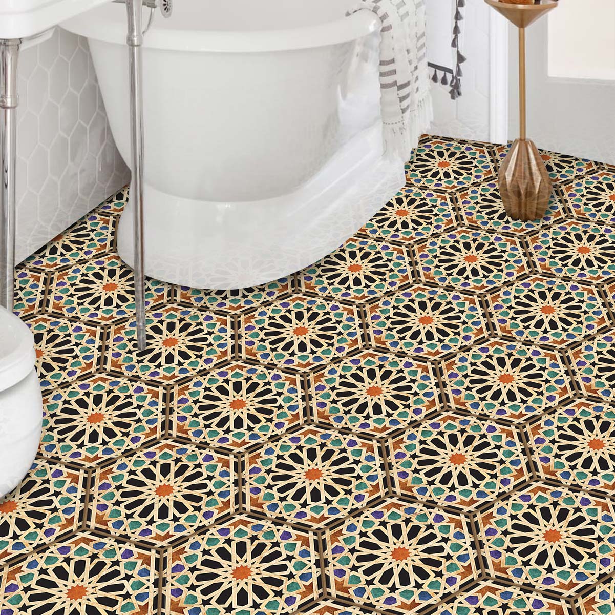 Qarawiyyin Mosque Hexagon Tile Stickers | Kitchen, Bathroom, Wall Backsplash Tile Decals | Antiskid Floor Tile Stickers