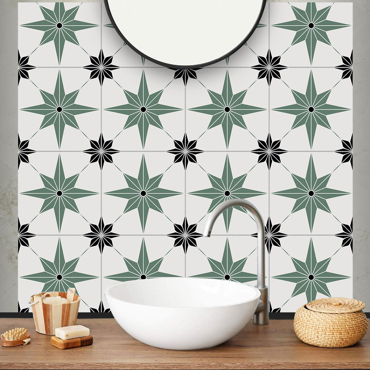 Peel and Stick Olive Green with Blackstar Tile Stickers | Removable | Bathroom Floor Antiskid Tile Decals | Free Shipping