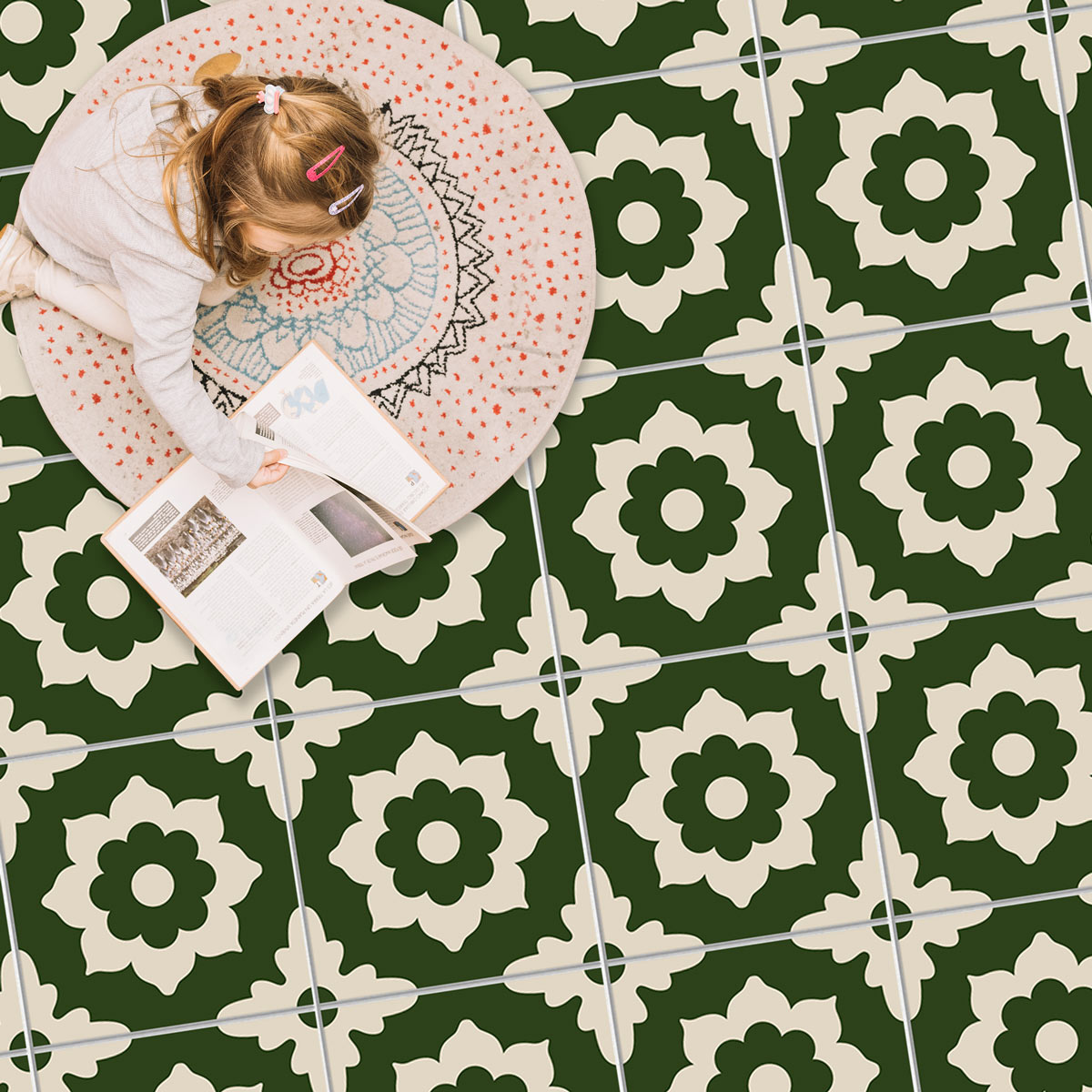 Moroccan Encaustic Green Tile Decals | Bathroom, Kitchen, Floor Peel and Stick Tiles Stickers | Removable Hand Crafted Decals