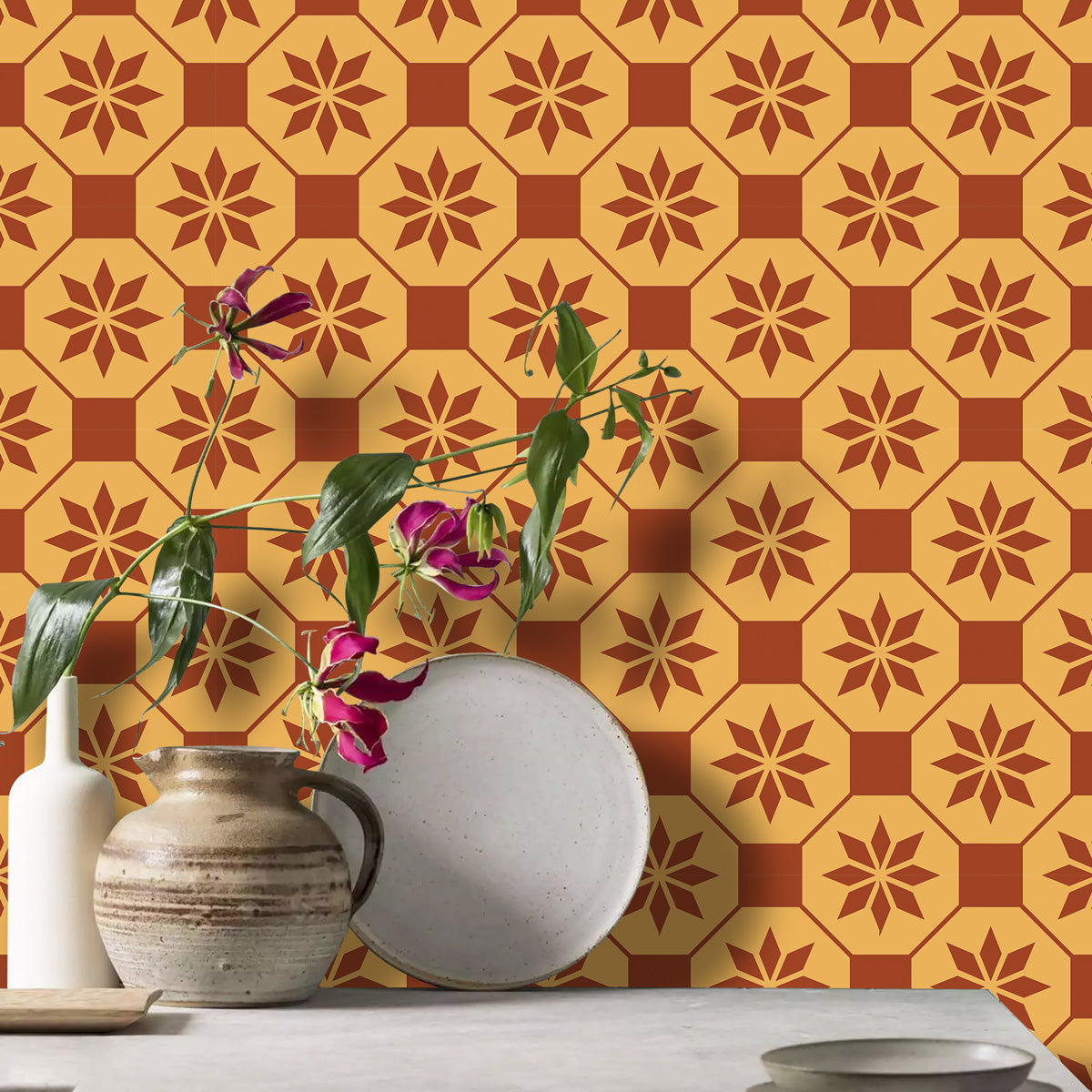 Retro Floral Kitchen Backsplash Tile Stickers | Peel and Stick Kitchen Bathroom Wall Tile Decals | Antiskid Floor Tile Stickers
