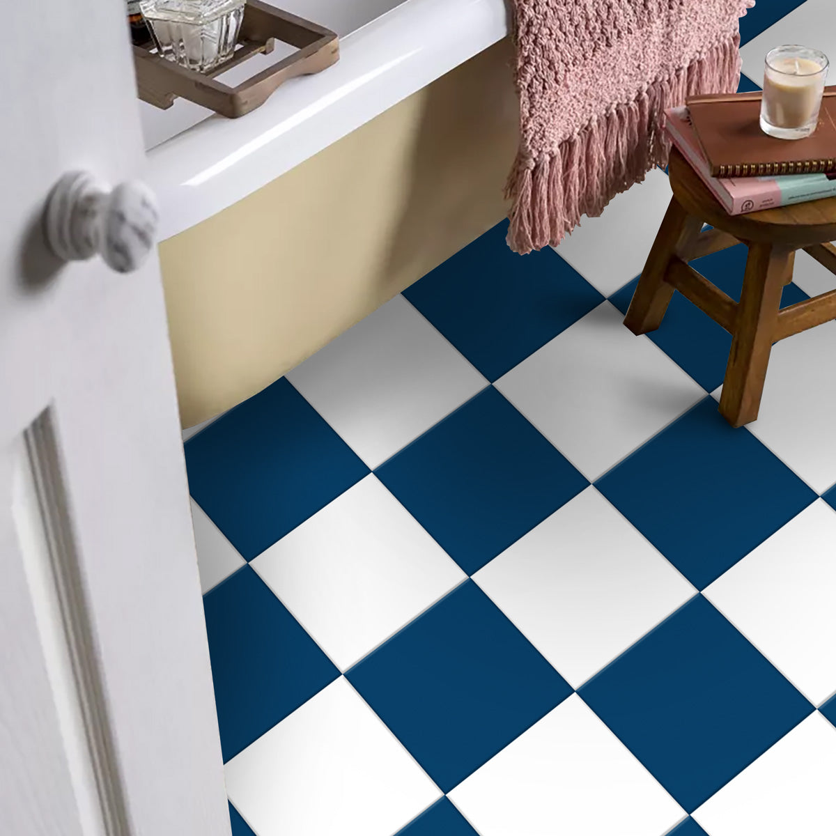 Blue and White Off White Floor Tile Stickers | Antiskid Floor Tile Stickers | Peel and Stick Kitchen Bathroom, Wall, Tile Vinyl Decals