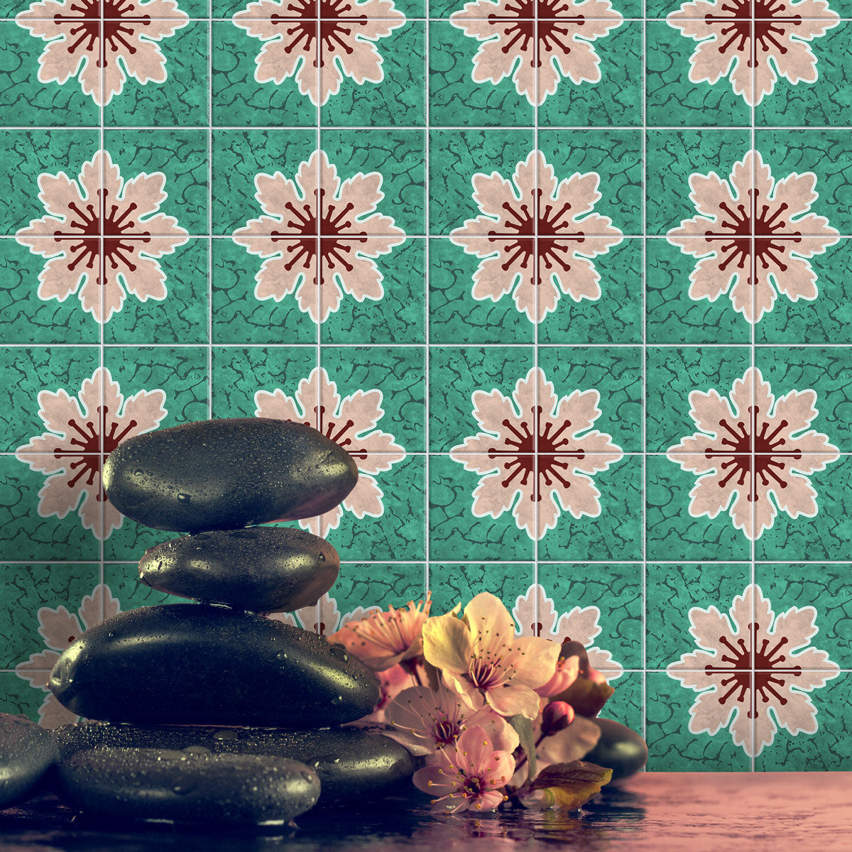Pink & Old Floral Tile Stickers | Peel and Stick Bathroom Kitchen Floor Wall Backsplash Tile Stickers | Easy to Apply | Removable