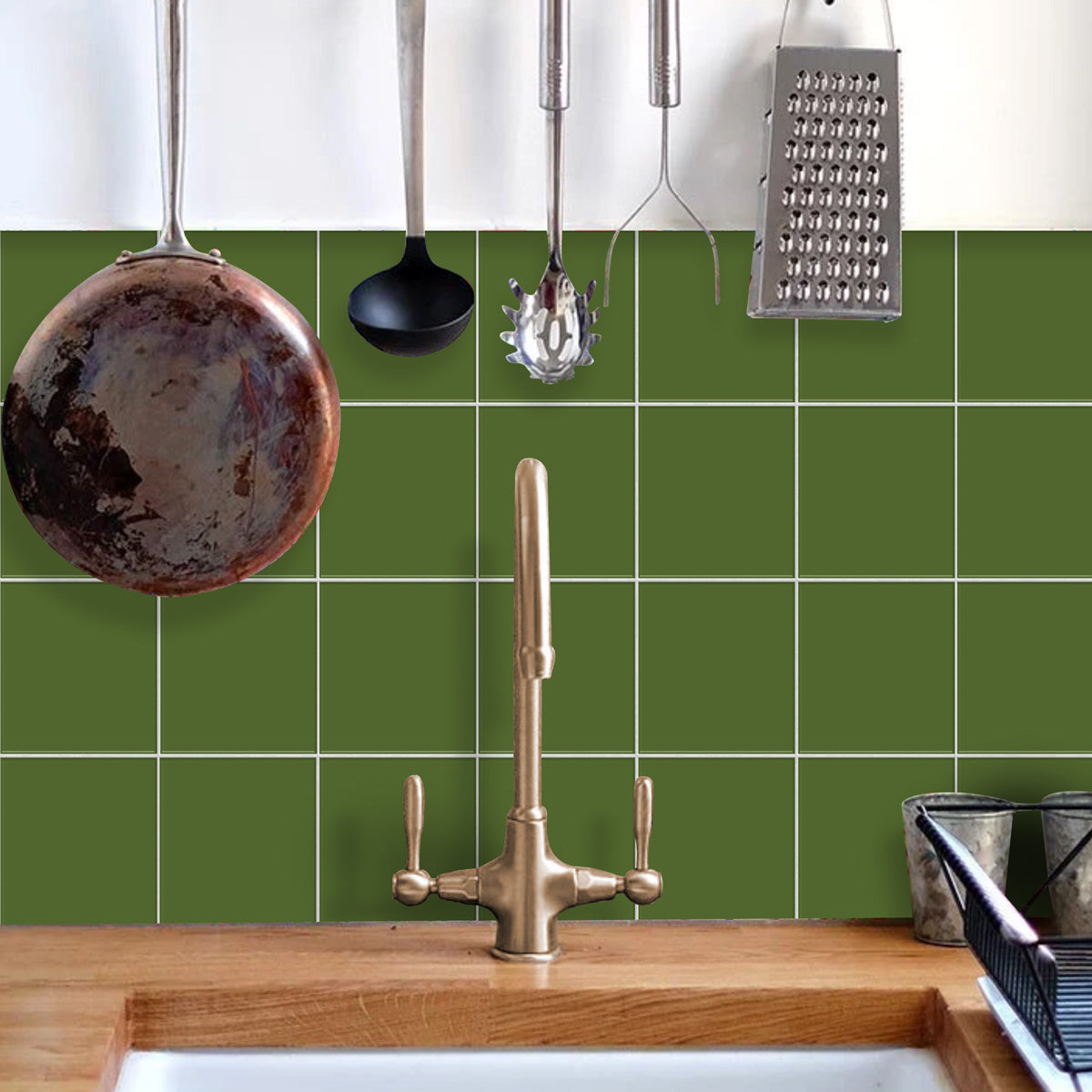 Solid Olive Tile Stickers | Peel and Stick Kitchen, Bathroom and Wall Tile Decals | Antiskid Floor Tile Stickers | Free Shipping