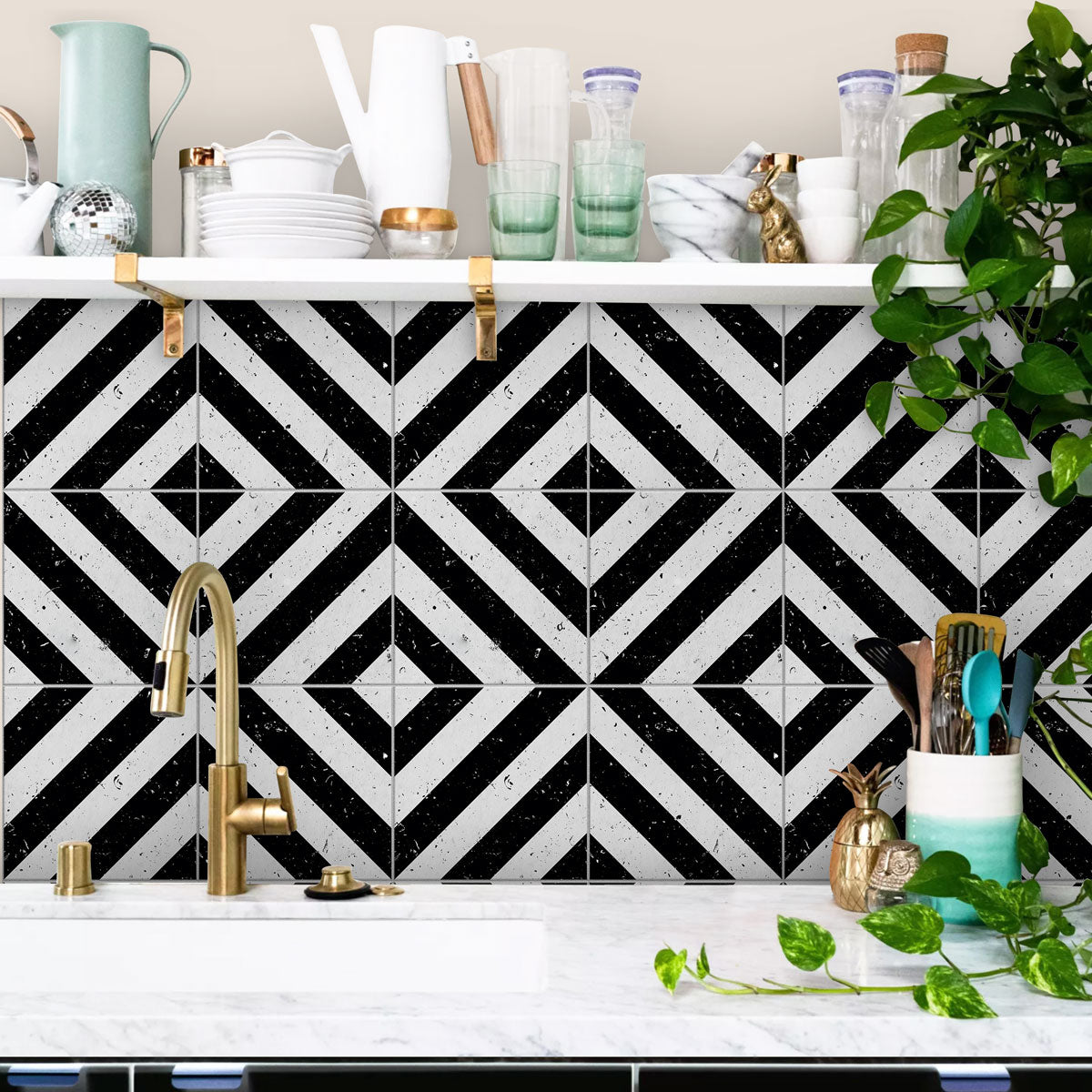 Black and Off White Tile Stickers | Water Proof | Peel and Stick Kitchen Bathroom Floor Wall Tile Decal | Free Shipping