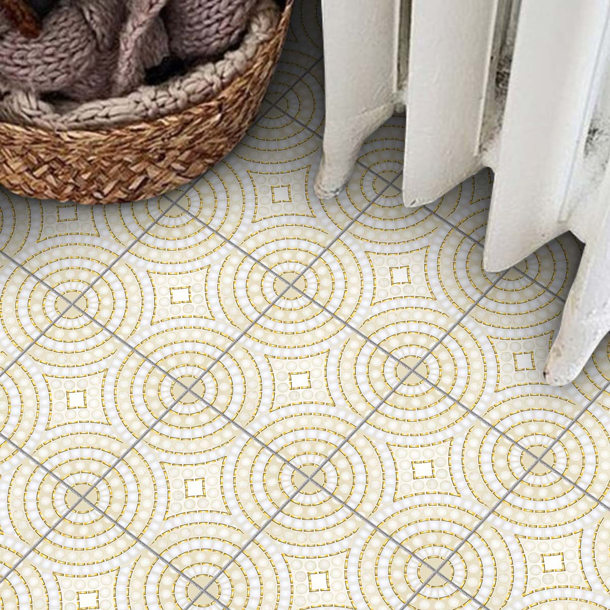 Mosaic Gold Color Floor Tile Stickers | Kithcen, Bathroom, Wall Peel and Stick Backsplash Tile Vinyl Decals | Removable