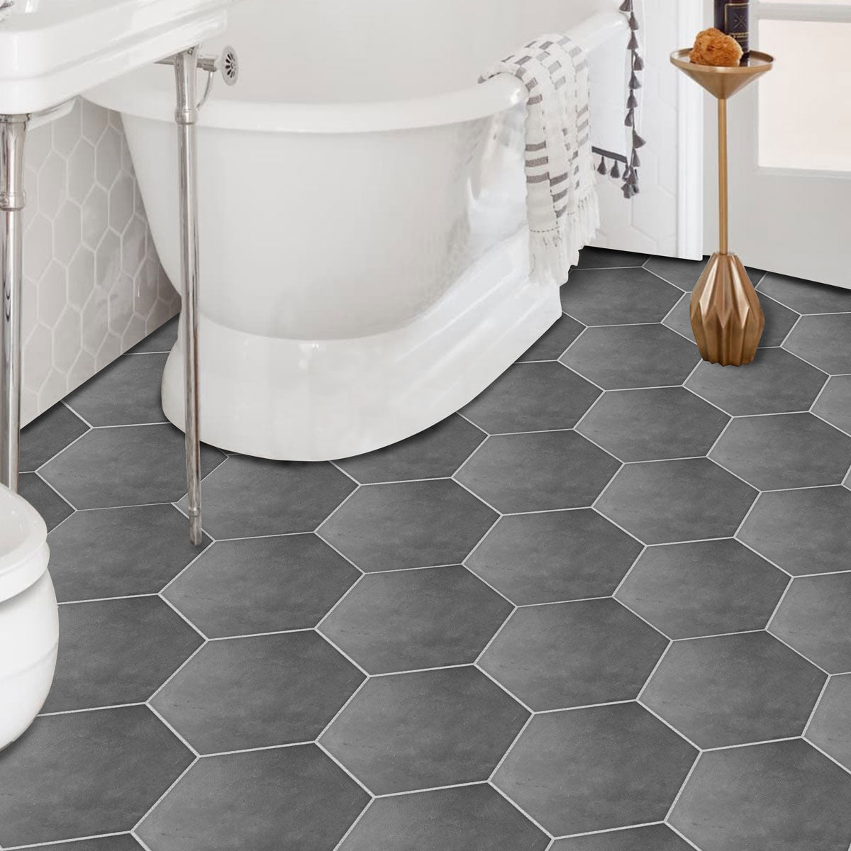 Dark Gray Hexagon Peel and Stick Floor Tile Stickers | Kitchen, Bathroom, Backsplash, Wall Tile Vinyl Decals | Free Shipping