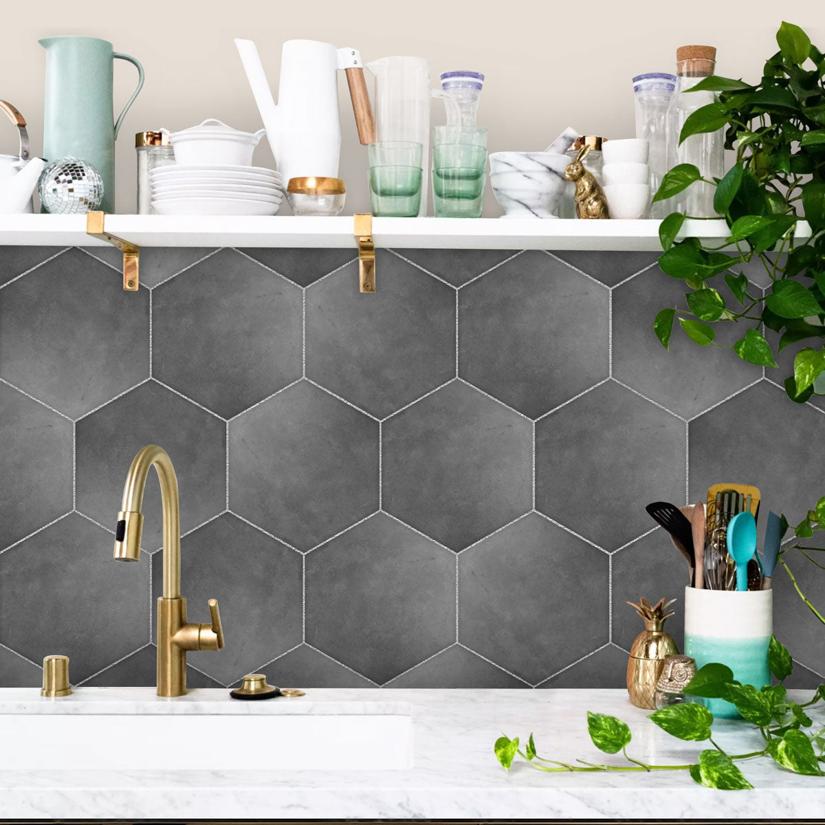 Dark Gray Hexagon Peel and Stick Floor Tile Stickers | Kitchen, Bathroom, Backsplash, Wall Tile Vinyl Decals | Free Shipping