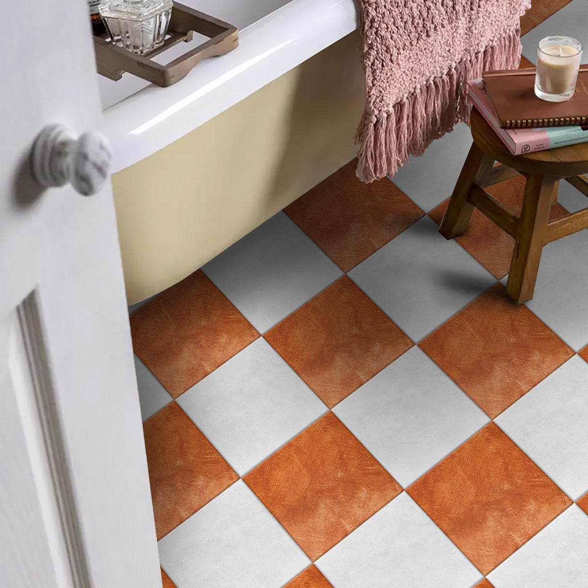 Orange and Light White Checkered Texture Tile Stickers | Peel and Stick Kitchen, Bathroom Wall Floor Tile Vinyl Decals | Removable