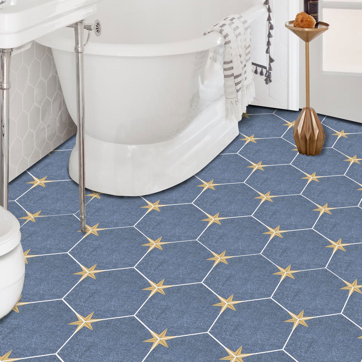 Blue Hexagon Tile Wall Floor Tile Stickers | Peel and Stick Kitchen Bathroom Wall Backsplash Tile Vinyl Decals | Removable