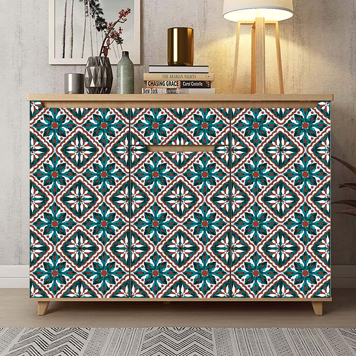 Peel and Stick Tile Moroccan Stickers | Moss Green with Terracotta Design Tile Decals | Kitchen Bathroom Wall Tile Stickers