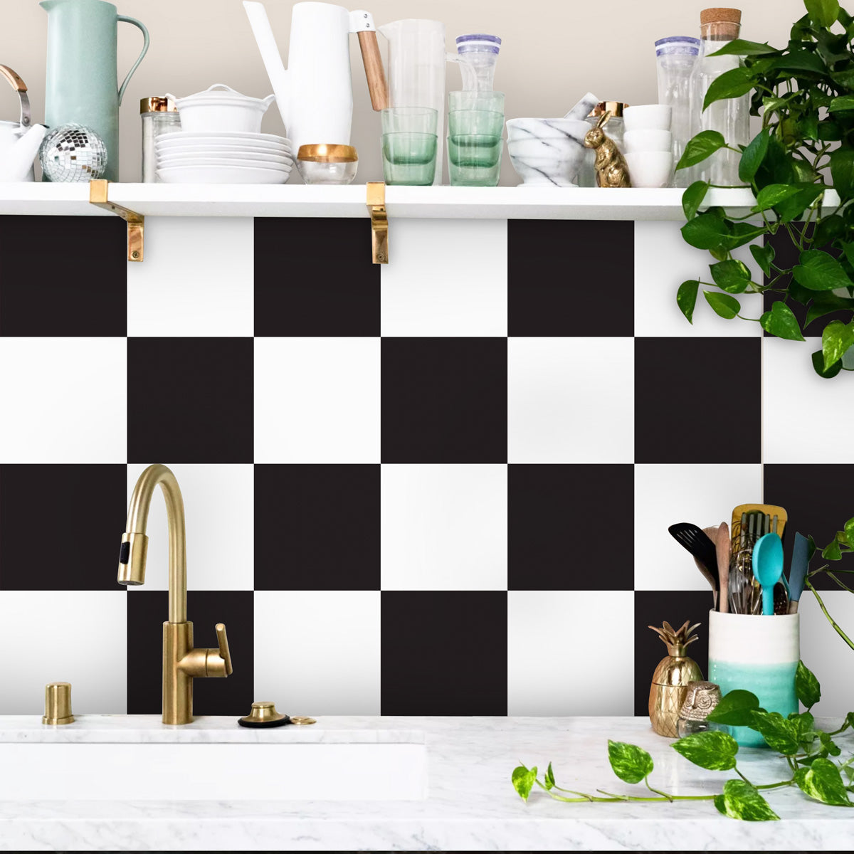 Black and White Checkered Kitchen Floor Tile Decals | Peel and Stick Tile Stickers for Kitchen Bathroom, Wall Tile Stickers