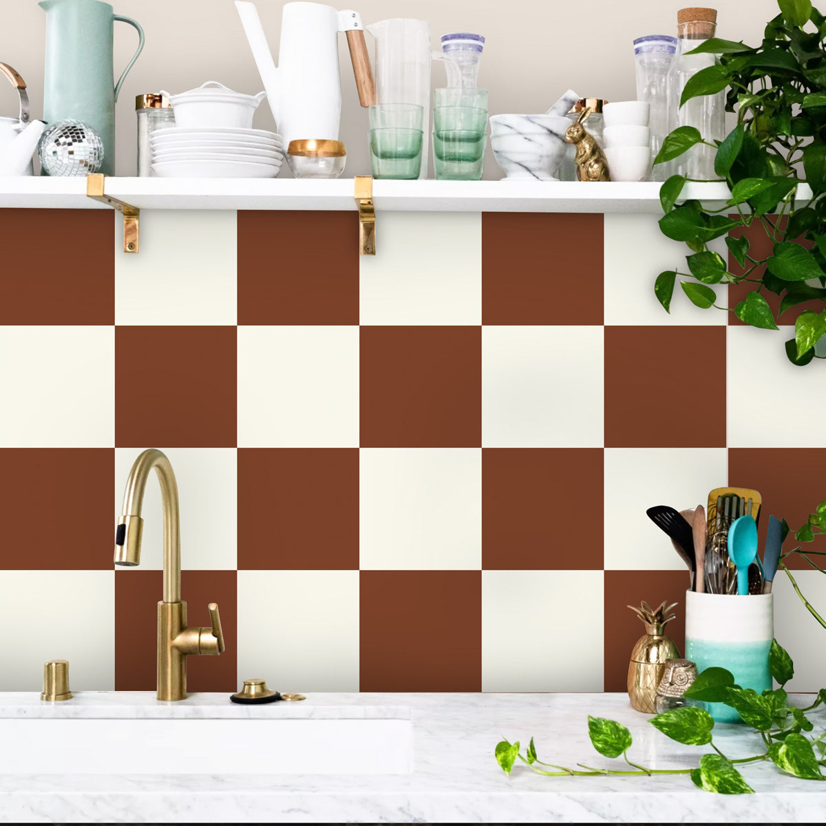 Burnt Cinnamon and Ivory Tile Stickers | Peel and Stick Kitchen, Bathroom, Wall Tile Decals | Antiskid Floor Tile Stickers