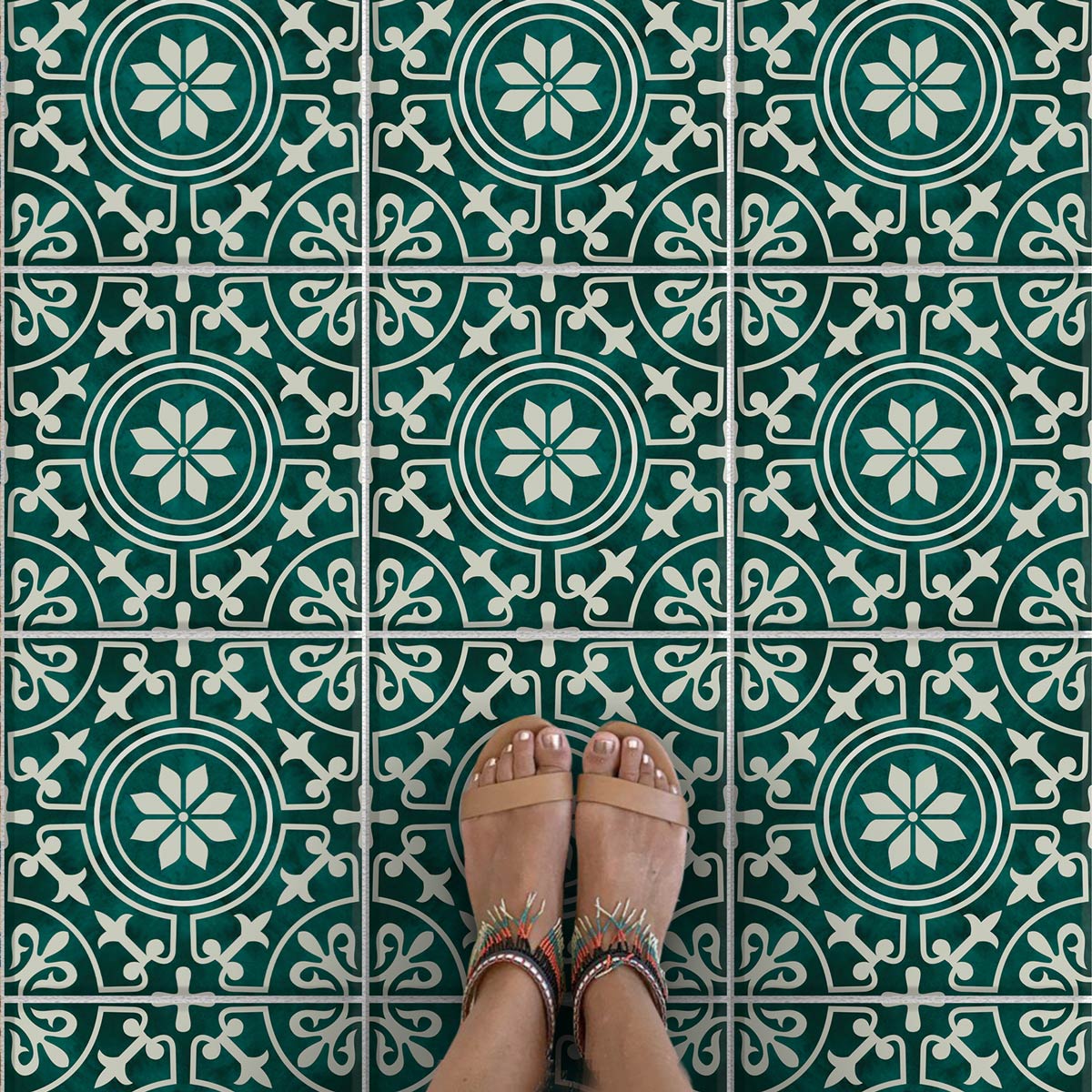 Moss Green Floral Tile Stickers | Bathroom Floor Antiskid Tile Stickers | Peel and Stick Kitchen Wall Backsplash Tile Stickers