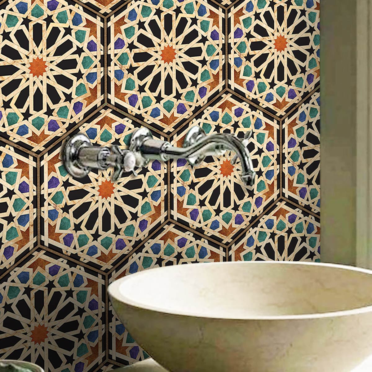 Qarawiyyin Mosque Hexagon Tile Stickers | Kitchen, Bathroom, Wall Backsplash Tile Decals | Antiskid Floor Tile Stickers