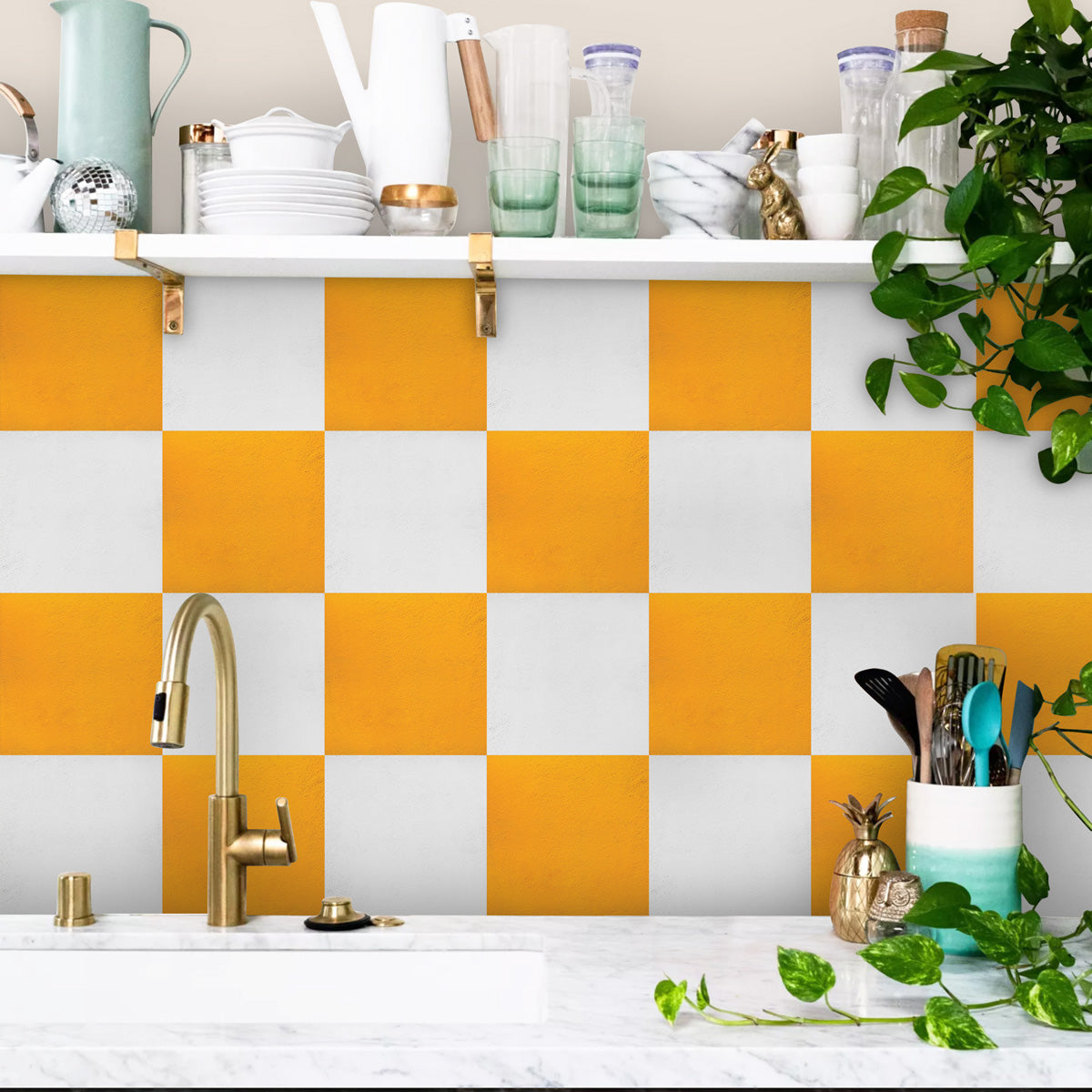 Yellow and Off-White Texture Backsplash Tile Decals | Peel and Stick Kitchen Bathroom Wall and Antiskid Floor Tile Stickers