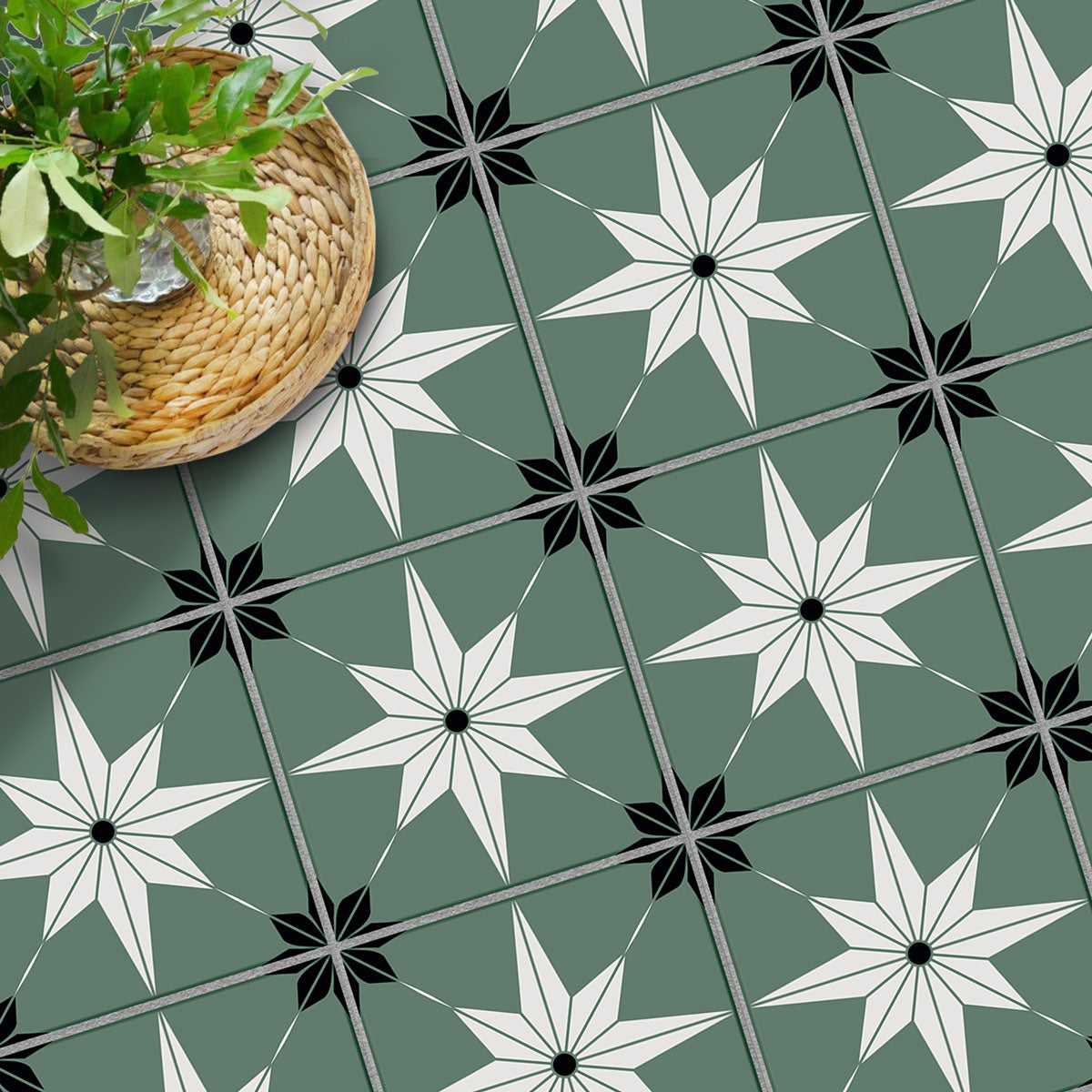 Peel and Stick Green with White Star Tile Stickers | Removable | Antiskid for Bathroom Floor Tile Vinyl Decals | Free Shipping