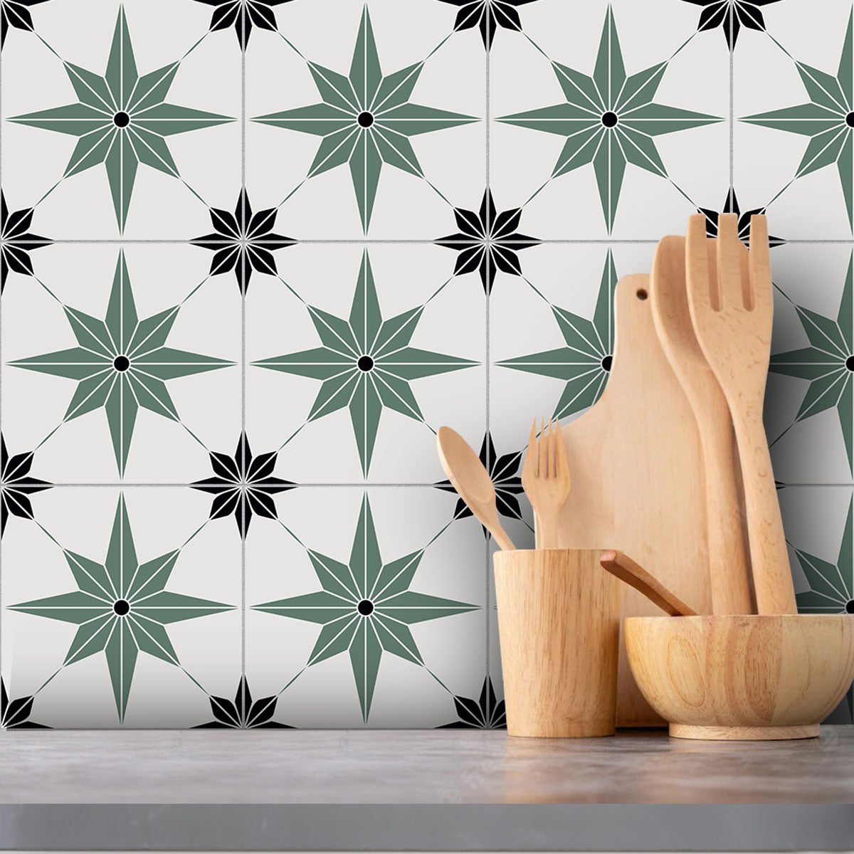 Peel and Stick Olive Green with Blackstar Tile Stickers | Removable | Bathroom Floor Antiskid Tile Decals | Free Shipping