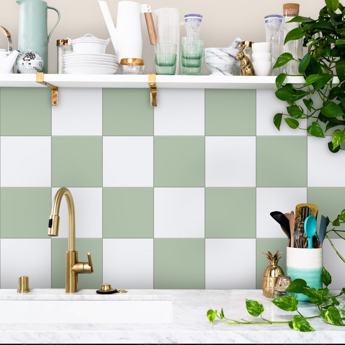 Teresa's Green and Light White Floor Tile Stickers | Peel and Stick Kitchen, Wall, Bathroom, Tile Vinyl | Antiskid Floor Tile Stickers