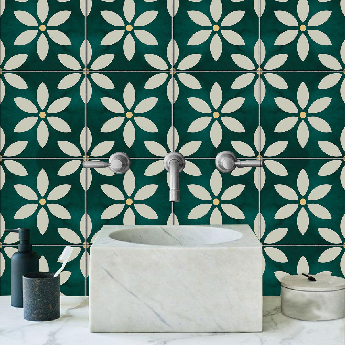 Moss Green Floral Kitchen Backsplash Tile Stickers | Peel and Stick Bathroom Wall Tile Decals | Removable | Free Shipping