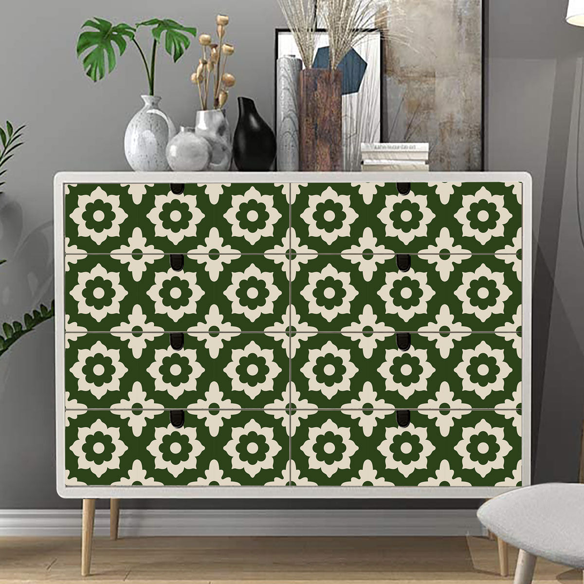 Moroccan Encaustic Green Tile Decals | Bathroom, Kitchen, Floor Peel and Stick Tiles Stickers | Removable Hand Crafted Decals