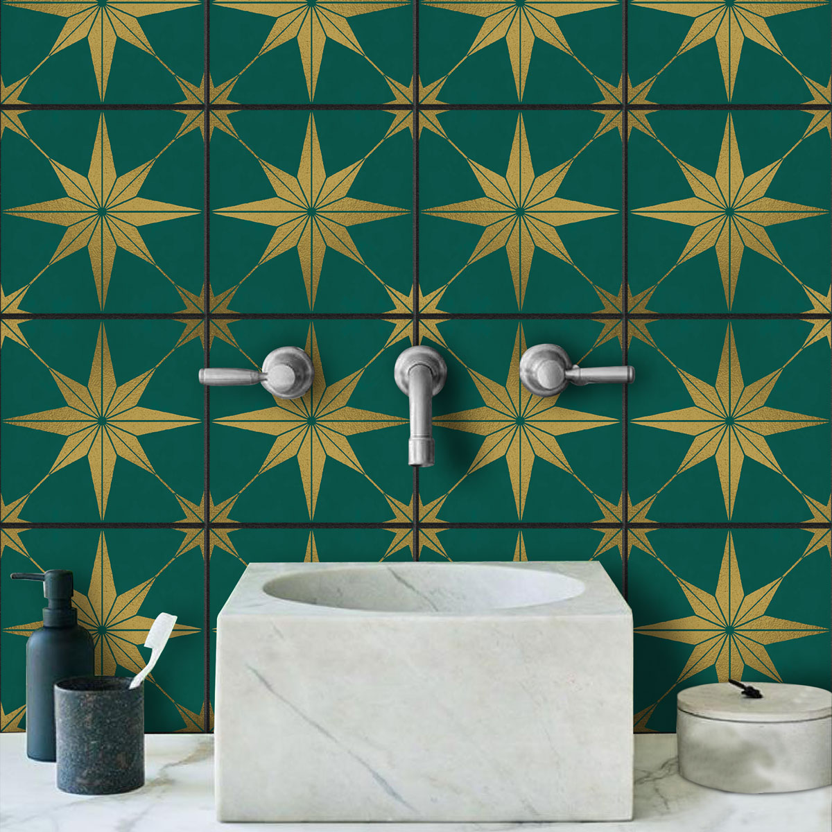 Peel and Stick Green Como Star Tile Stickers | Waterproof, Removable | Antiskid for Bathroom Floor Tile Decals | Removable