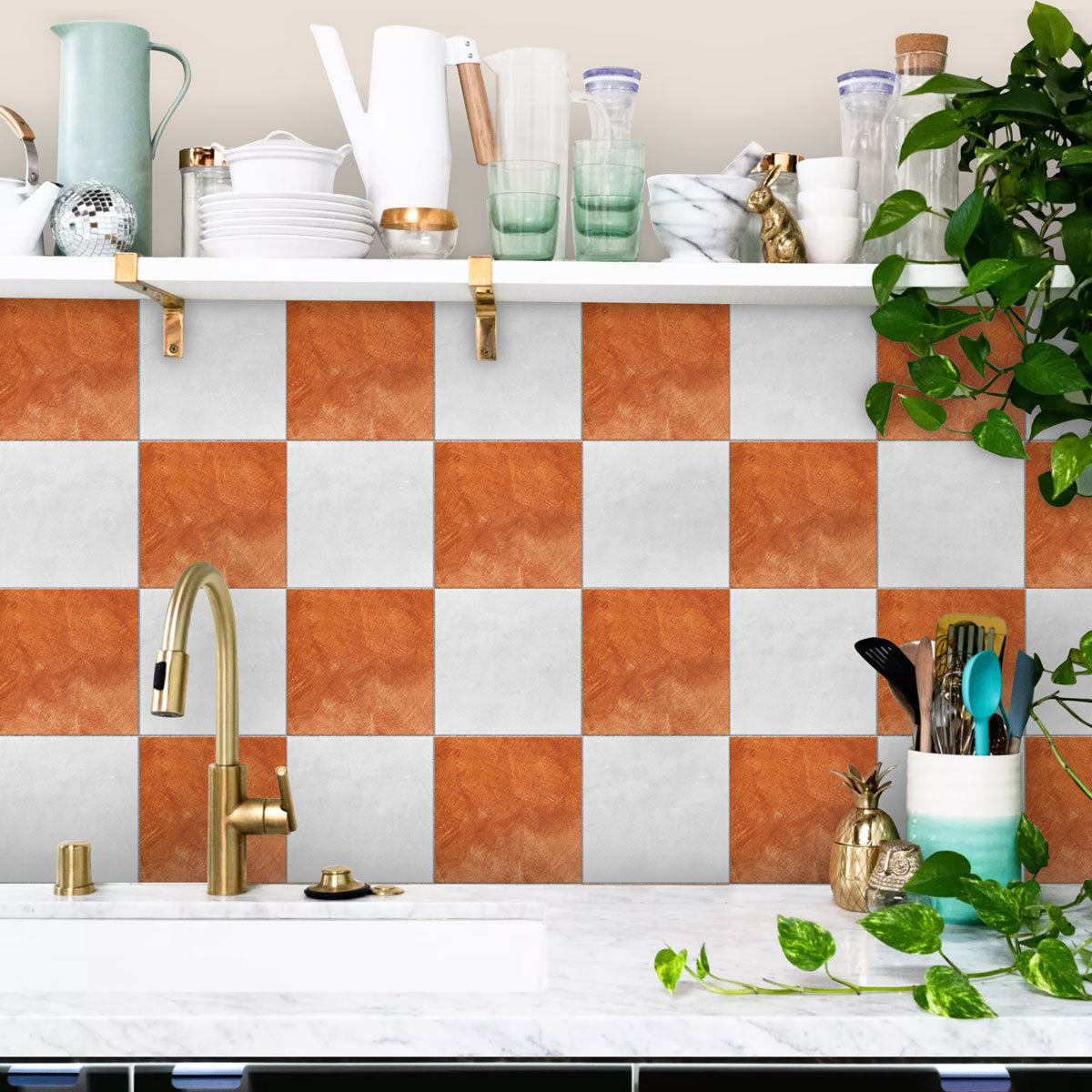 Orange and Light White Checkered Texture Tile Stickers | Peel and Stick Kitchen, Bathroom Wall Floor Tile Vinyl Decals | Removable