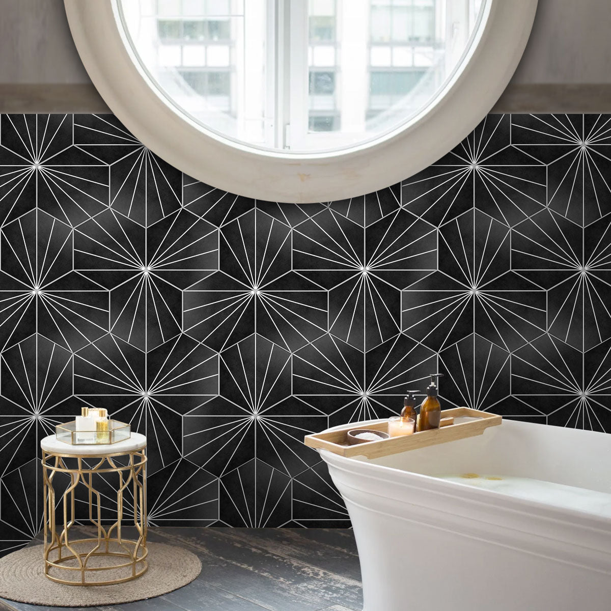 Hexagon Black Floor Tile Stickers | Peel and Stick Kitchen Bathroom Wall Backsplash Tile Viny Decals | Antiskid Tile vinyl for Floor