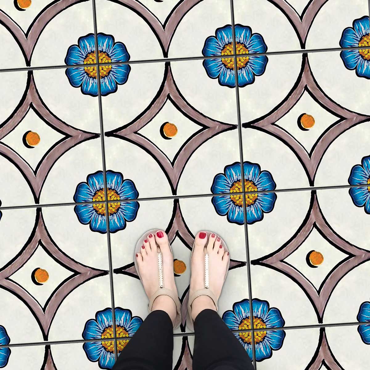 Peel and Stick Hand Crafted Floral Wall Tile Decals | Bathroom Kitchen Floor Tiles Stickers | Removable & Waterproof | Easy to Apply