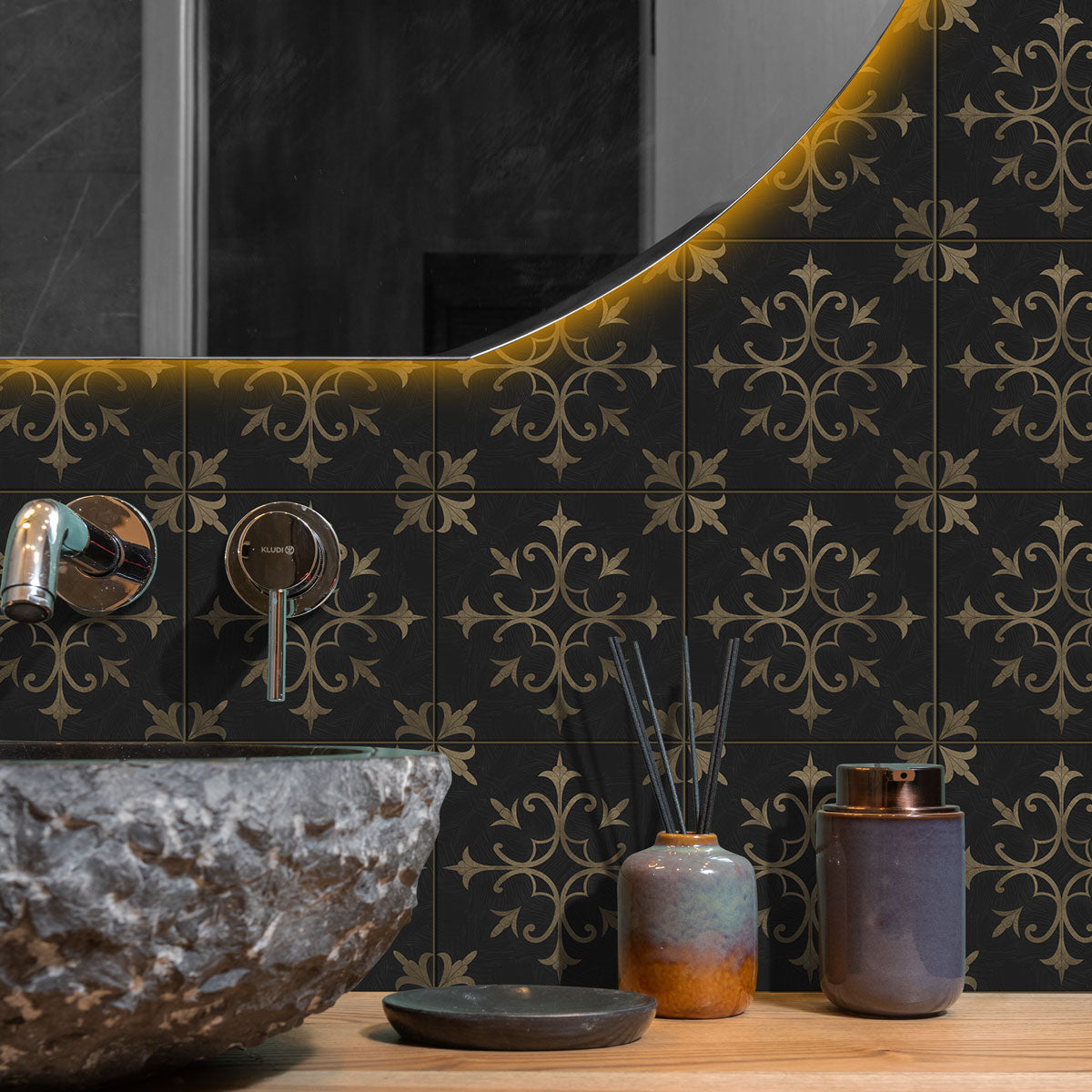 Classic Tarnished Gold Floral Floor Tile Stickers | Handcrafted Tile Decals | Peel and Stick Kitchen, Wall, Bathroom Tile Stickers