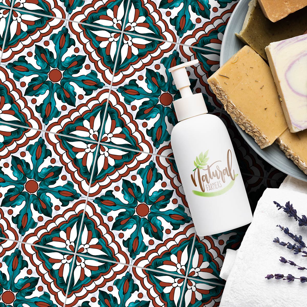 Peel and Stick Tile Moroccan Stickers | Moss Green with Terracotta Design Tile Decals | Kitchen Bathroom Wall Tile Stickers