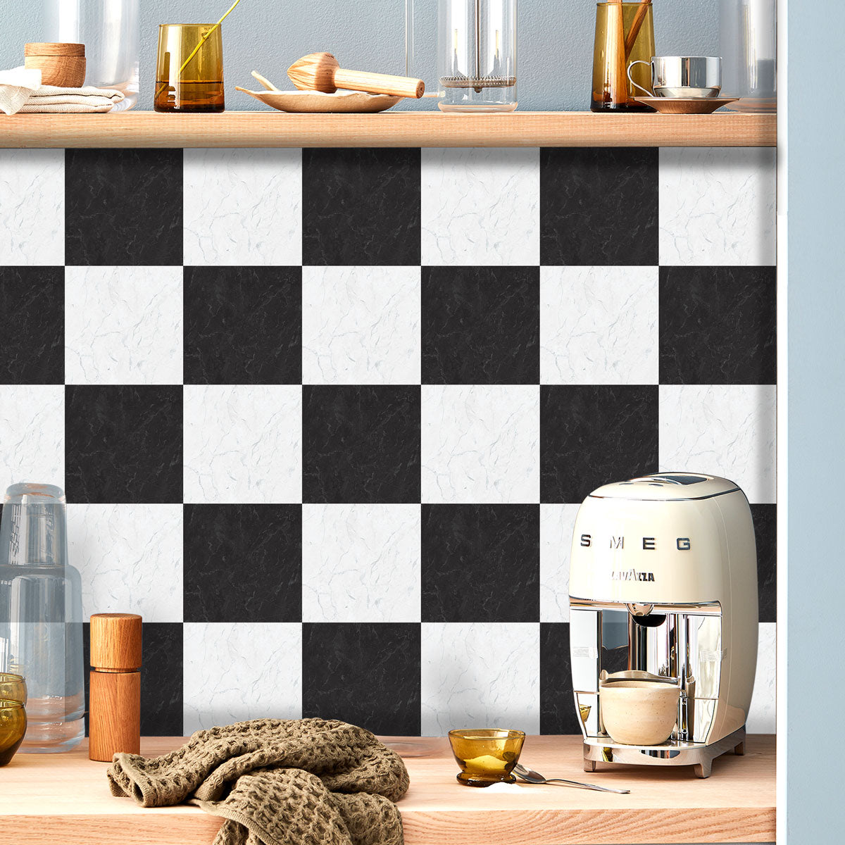 Black and White Checkered Marble Texture Tile Stickers | Antiskid Floor Tile Stickers | Peel and Stick Tile Vinyl | Removable