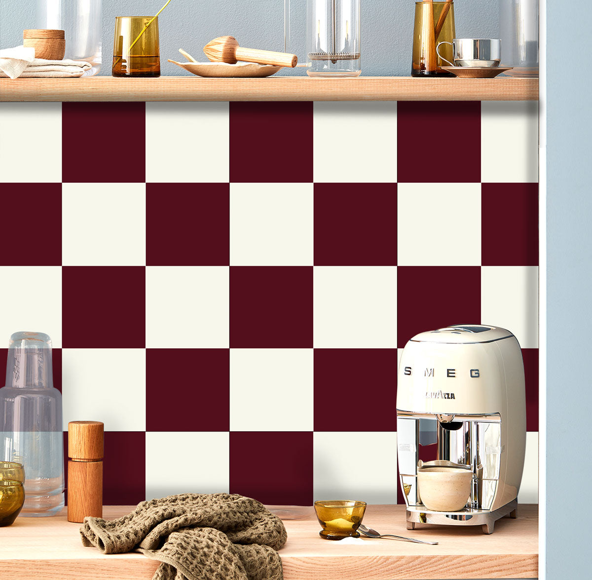 Peel and Stick Burgundy and Ivory Checkered Tile Vinyl | Bathroom Kitchen Backsplash Stickers | Antiskid Floor Tile Stickers