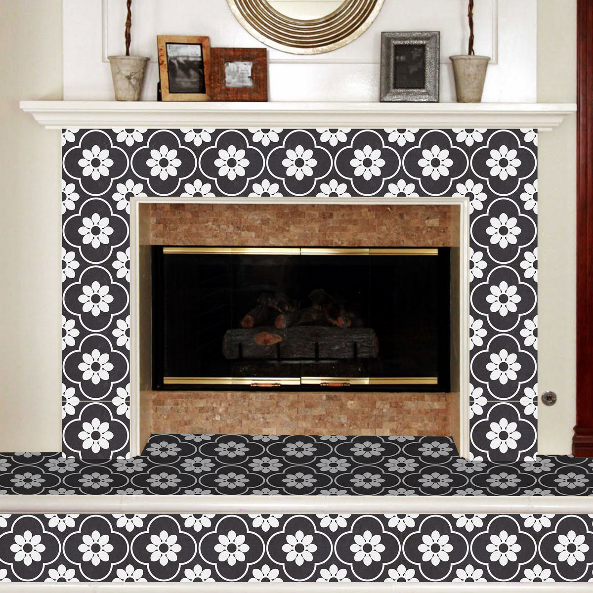 Black and White Floral Marseille Tile Stickers | Peel and Stick Tile Vinyl for Kitchen Floor Wall and Bathroom | Removable