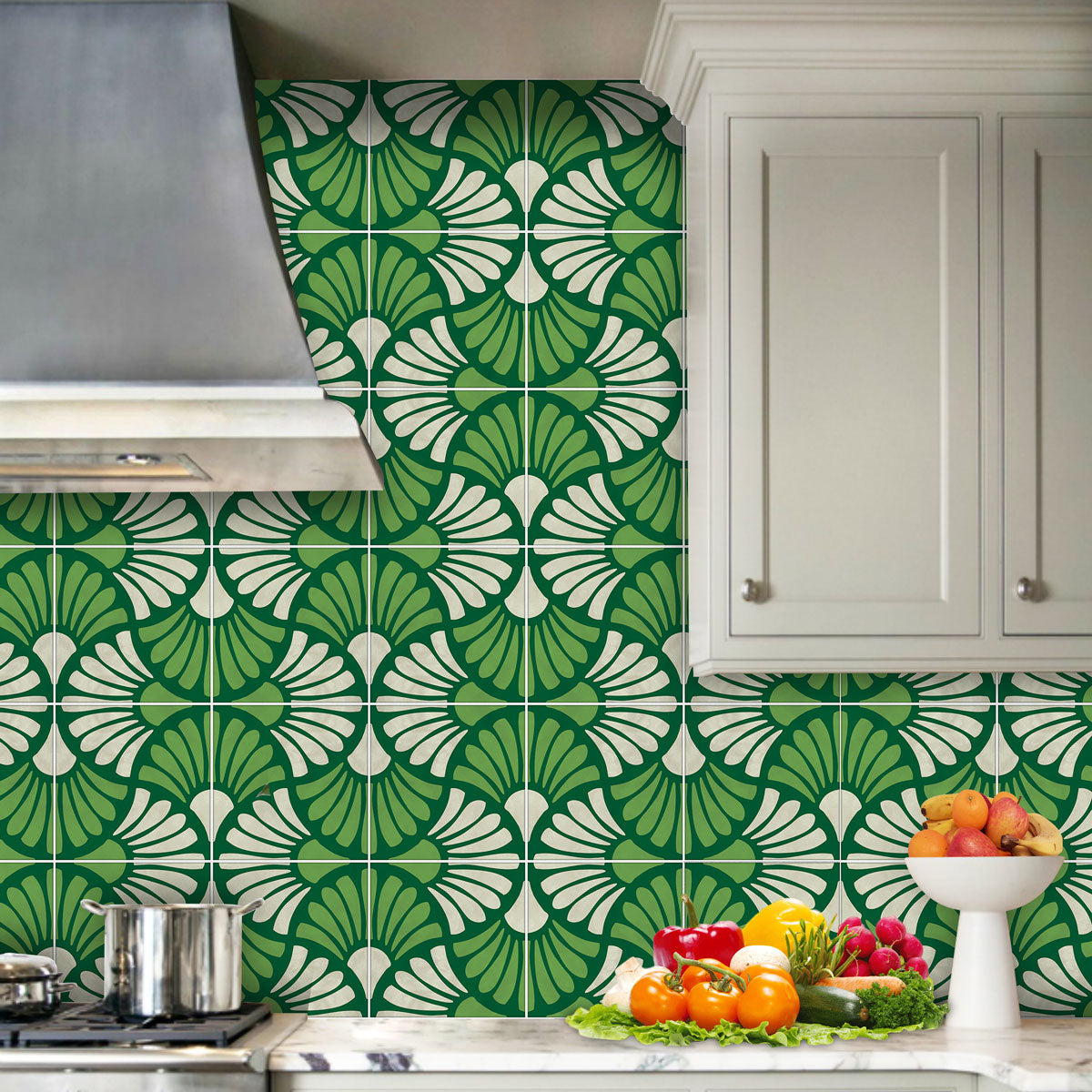 Green Floral Peel and Stick Backsplash Tiles Stickers | Kitchen, Wall, Bathroom, Floor Tile Decals | Removable | Free Shipping