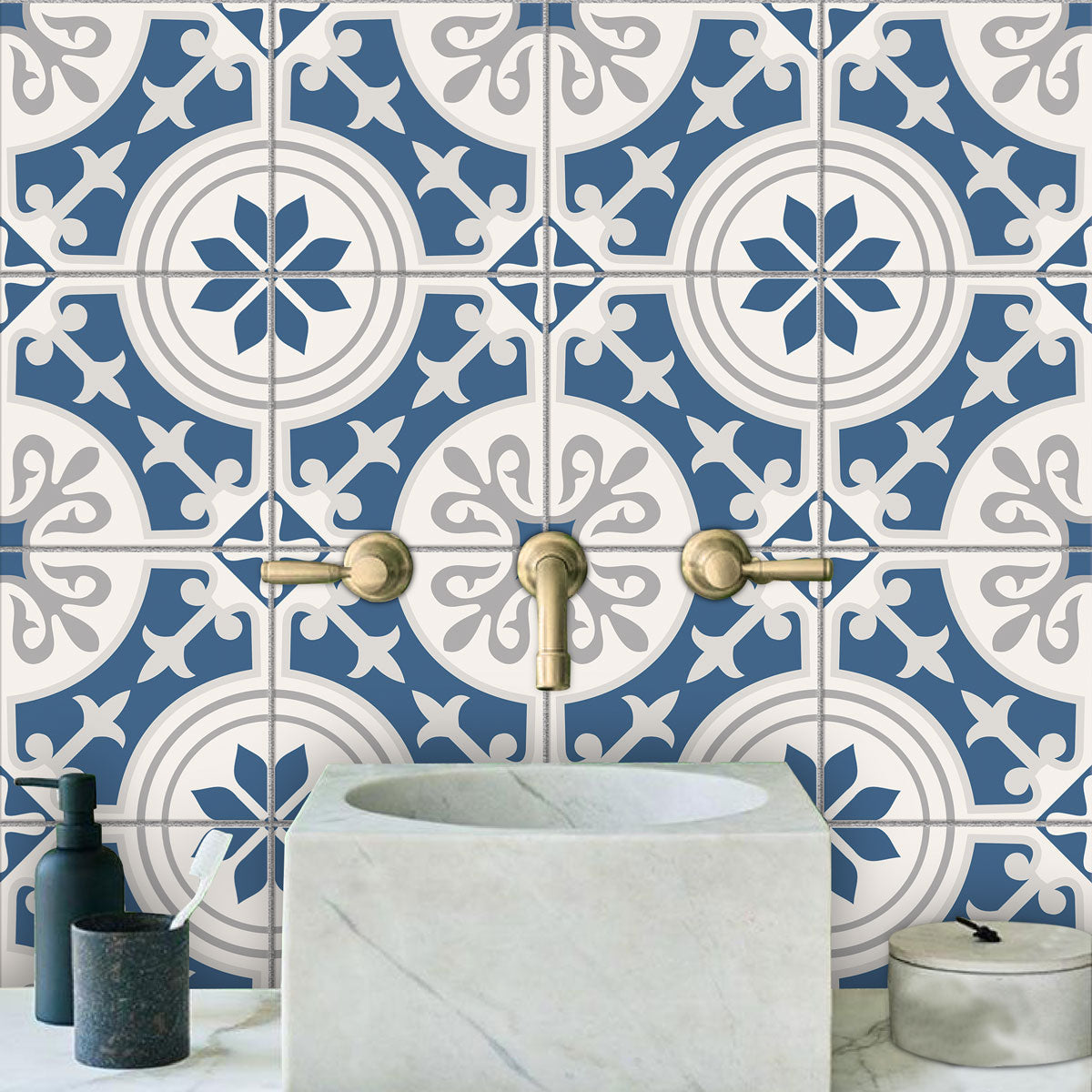 Blue Suede Floral Tile Sticker | Antiskid Bathroom Floor Tile Vinyl | Peel and Stick Kitchen Wall Backsplash Tile Stickers