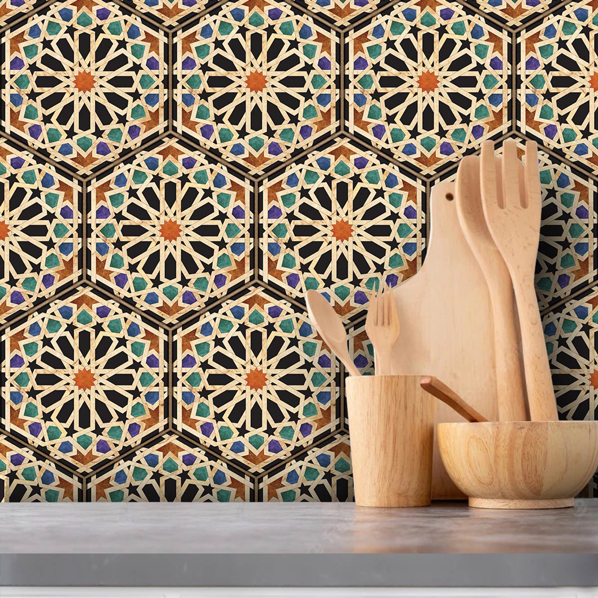 Qarawiyyin Mosque Hexagon Tile Stickers | Kitchen, Bathroom, Wall Backsplash Tile Decals | Antiskid Floor Tile Stickers