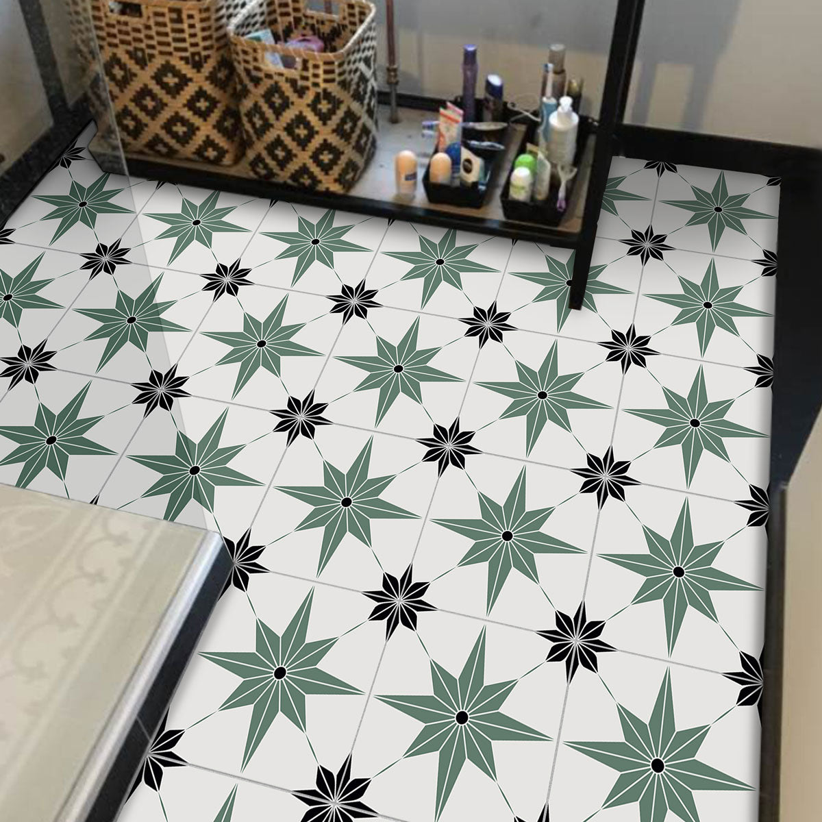 Peel and Stick Olive Green with Blackstar Tile Stickers | Removable | Bathroom Floor Antiskid Tile Decals | Free Shipping