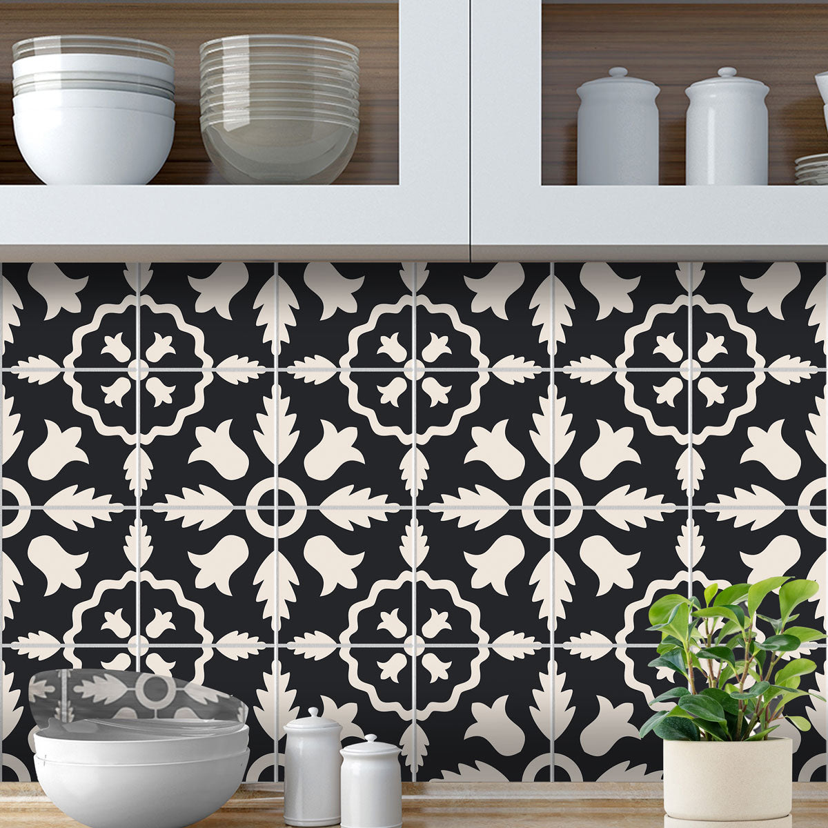 Ivory Midnight Flora Tile Stickers | Peel and Stick Kitchen, Bathroom & Wall Backsplash Tile Vinyl Decals | Removable and Waterproof