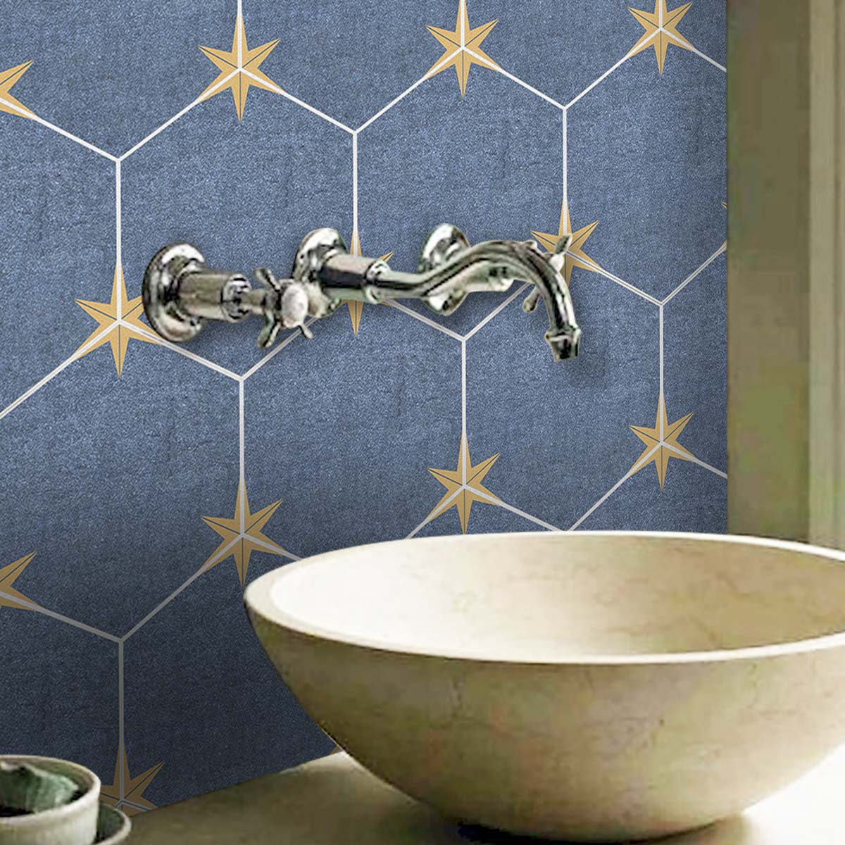 Blue Hexagon Tile Wall Floor Tile Stickers | Peel and Stick Kitchen Bathroom Wall Backsplash Tile Vinyl Decals | Removable