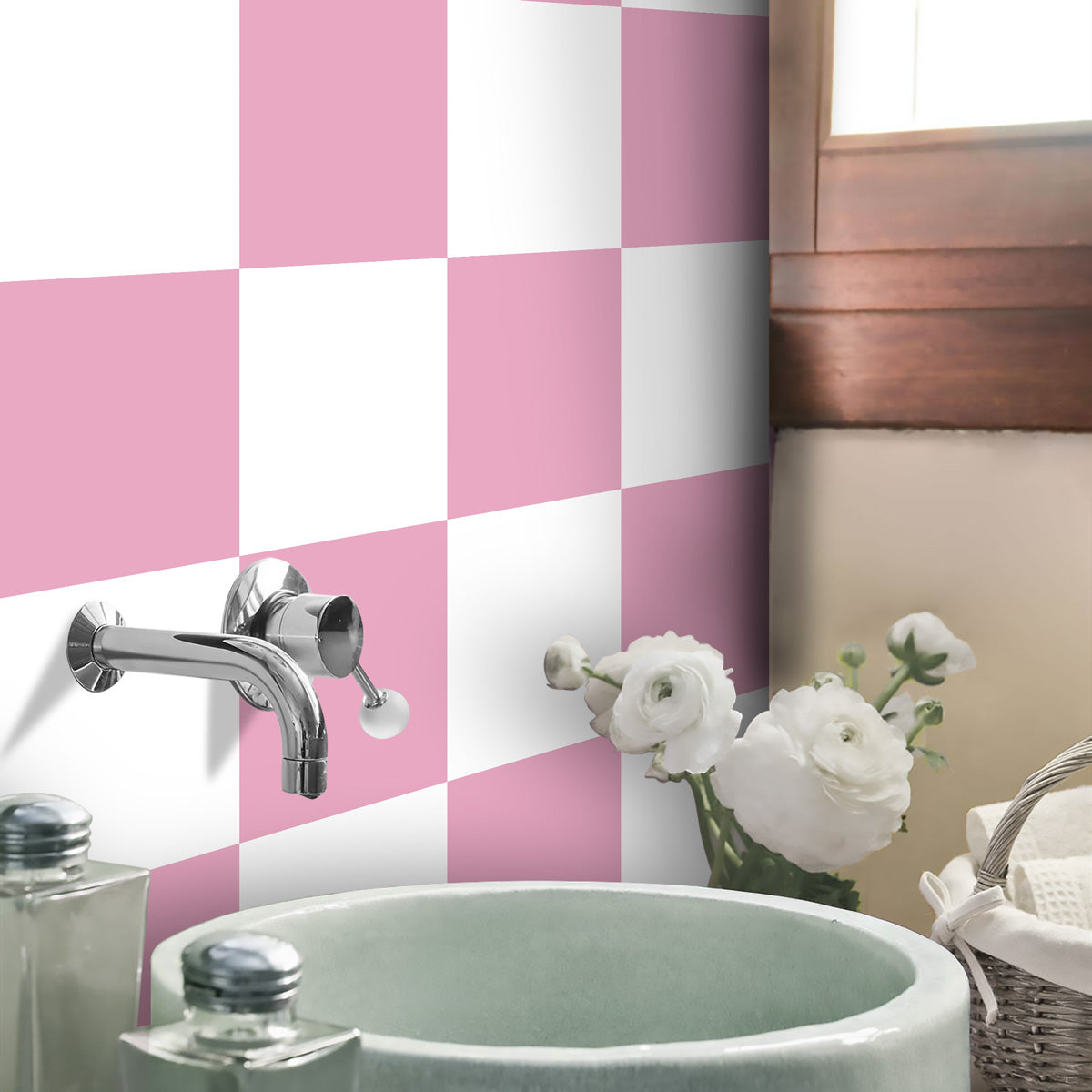 Candy Pink and Light White Texture Tile Stickers | Kitchen Bathroom Wall Peel and Stick Tile Decals | Antiskid Floor Tile Stickers