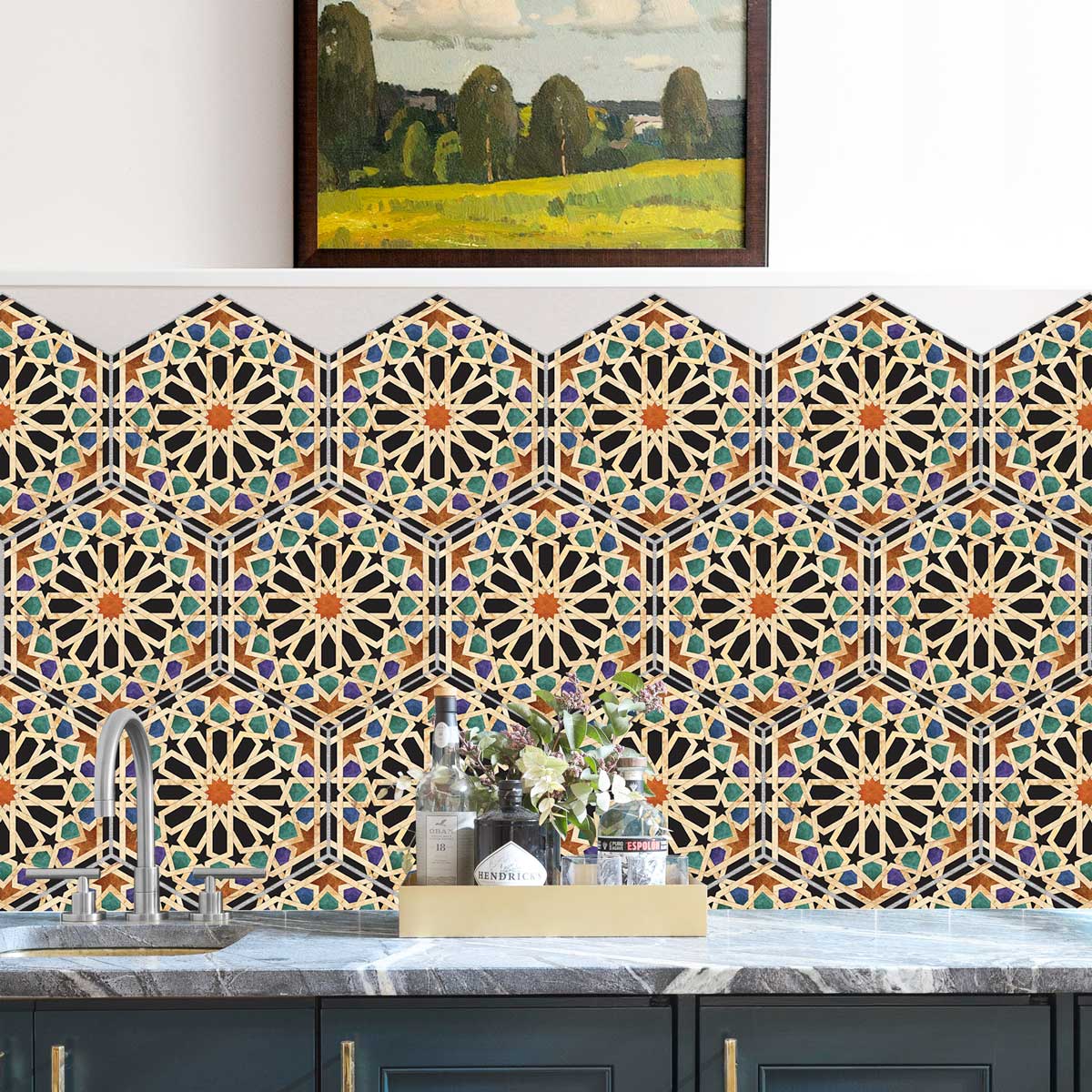 Qarawiyyin Mosque Hexagon Tile Stickers | Kitchen, Bathroom, Wall Backsplash Tile Decals | Antiskid Floor Tile Stickers