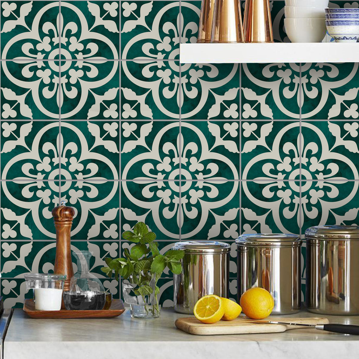 Classic Moss Green - Off White: Backsplash Tile Stickers | Stair Decals | Peel and Stick Kitchen, Bathroom and Floor Tile Stickers