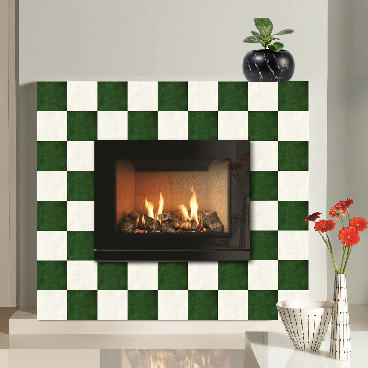 Mose Green and Ivory Checkered Texture Floor Tile Stickers | Peel and Stick Kitchen Bathroom Wall Backsplash Tile Vinyl | Removable