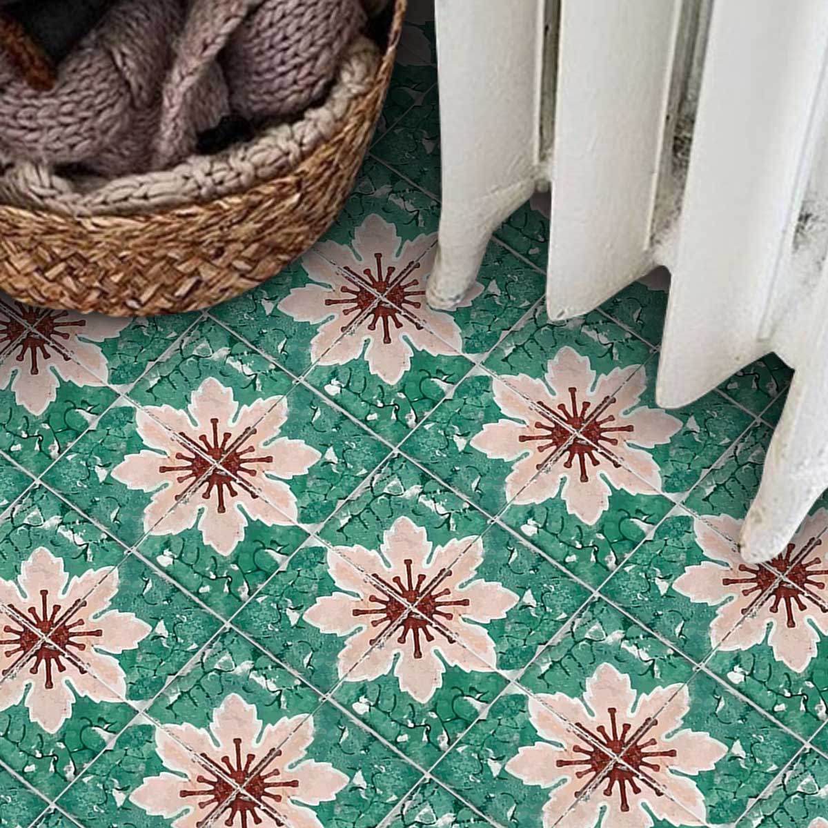 Pink & Old Floral Tile Stickers | Peel and Stick Bathroom Kitchen Floor Wall Backsplash Tile Stickers | Easy to Apply | Removable