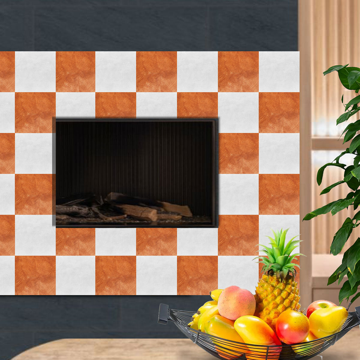 Orange and Light White Checkered Texture Tile Stickers | Peel and Stick Kitchen, Bathroom Wall Floor Tile Vinyl Decals | Removable