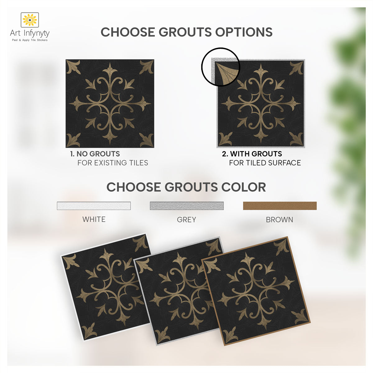 Classic Tarnished Gold Floral Floor Tile Stickers | Handcrafted Tile Decals | Peel and Stick Kitchen, Wall, Bathroom Tile Stickers