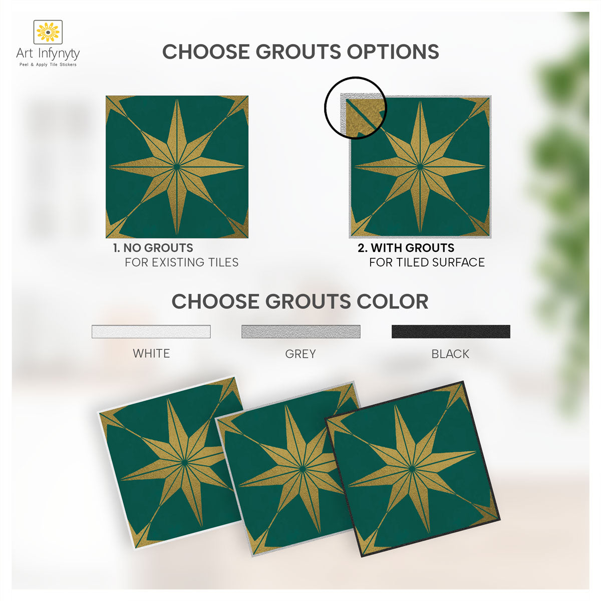 Peel and Stick Green Como Star Tile Stickers | Waterproof, Removable | Antiskid for Bathroom Floor Tile Decals | Removable