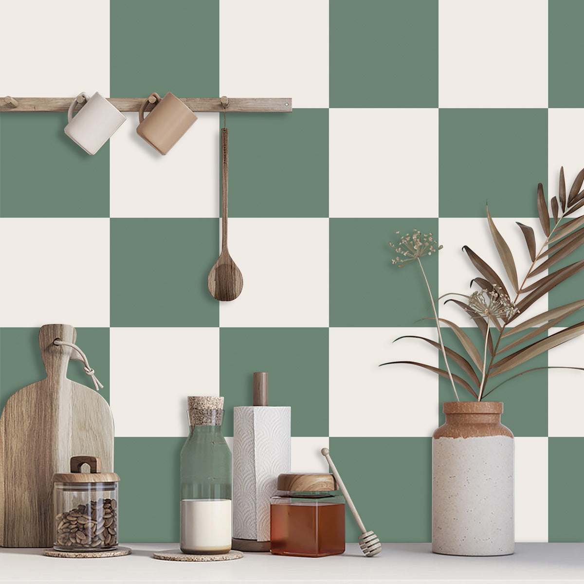 Dark Lime Green & Cream Checkered Tile Stickers | Peel and Stick Kitchen Backsplash Floor, Bathroom, Wall Tile vinyl | Free Shipping