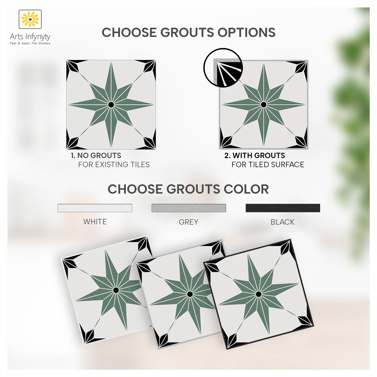 Peel and Stick Olive Green with Blackstar Tile Stickers | Removable | Bathroom Floor Antiskid Tile Decals | Free Shipping